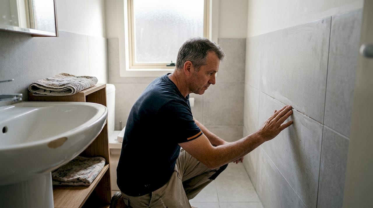 Lastnik hiše si ogleduje novo položene keramične ploščice in preverja, ali je delo opravljeno kakovostno.