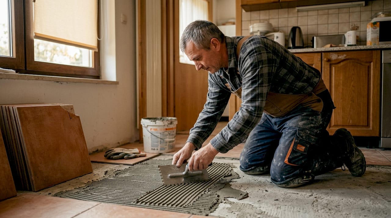 Moški pripravlja kuhinjska tla na polaganje ploščic.