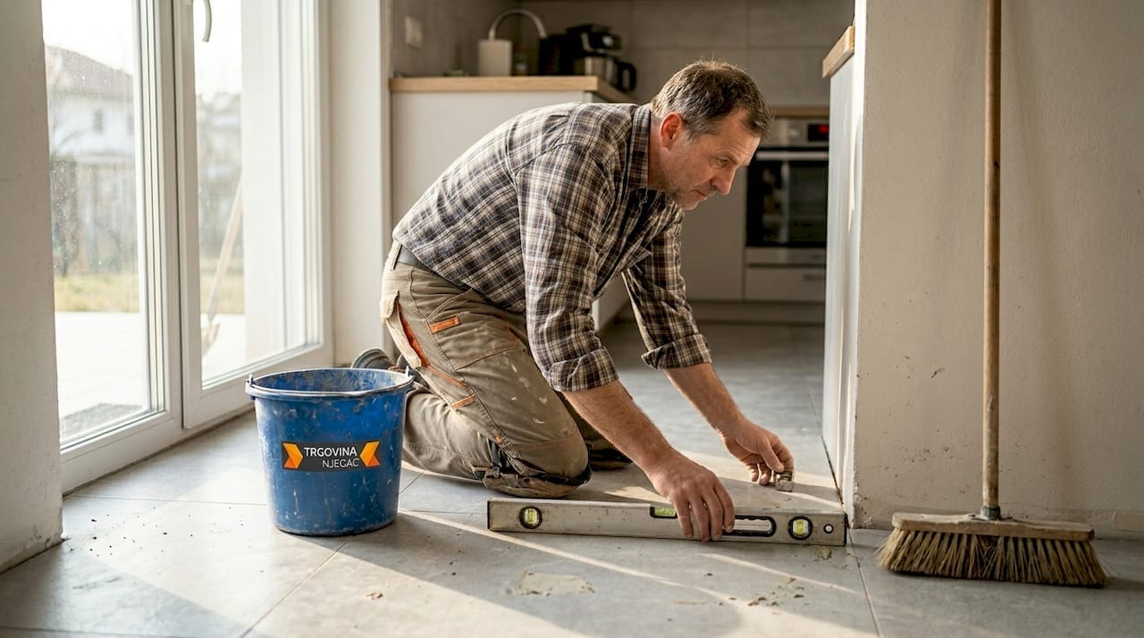 Moški pripravlja kuhinjska tla za polaganje ploščic.