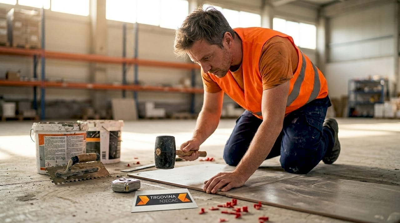 Mojster polaga velike keramične ploščice v skladiščnem prostoru.