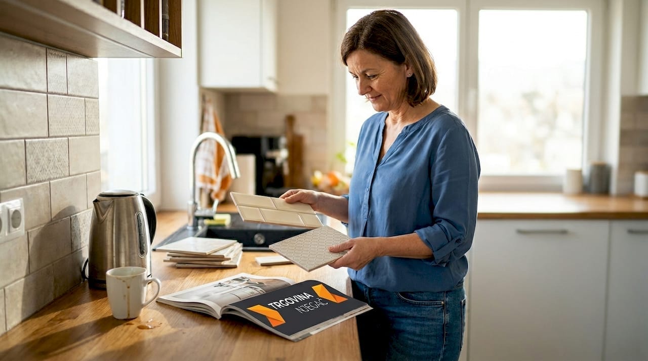 Ženska v kuhinji izbira med vzorci keramičnih ploščic in se odloča, kateri bi se najbolje podali v njen dom.