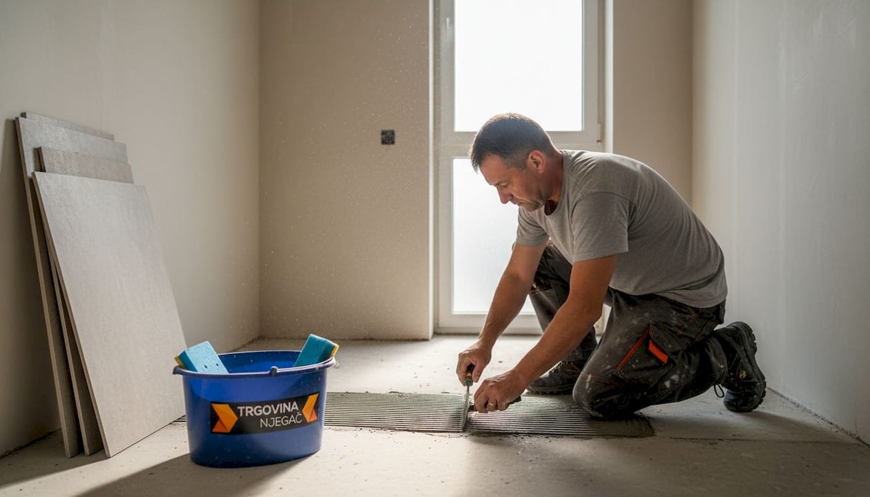 Keramičar nanaša lepilo na steno v prenovljeni kopalnici.