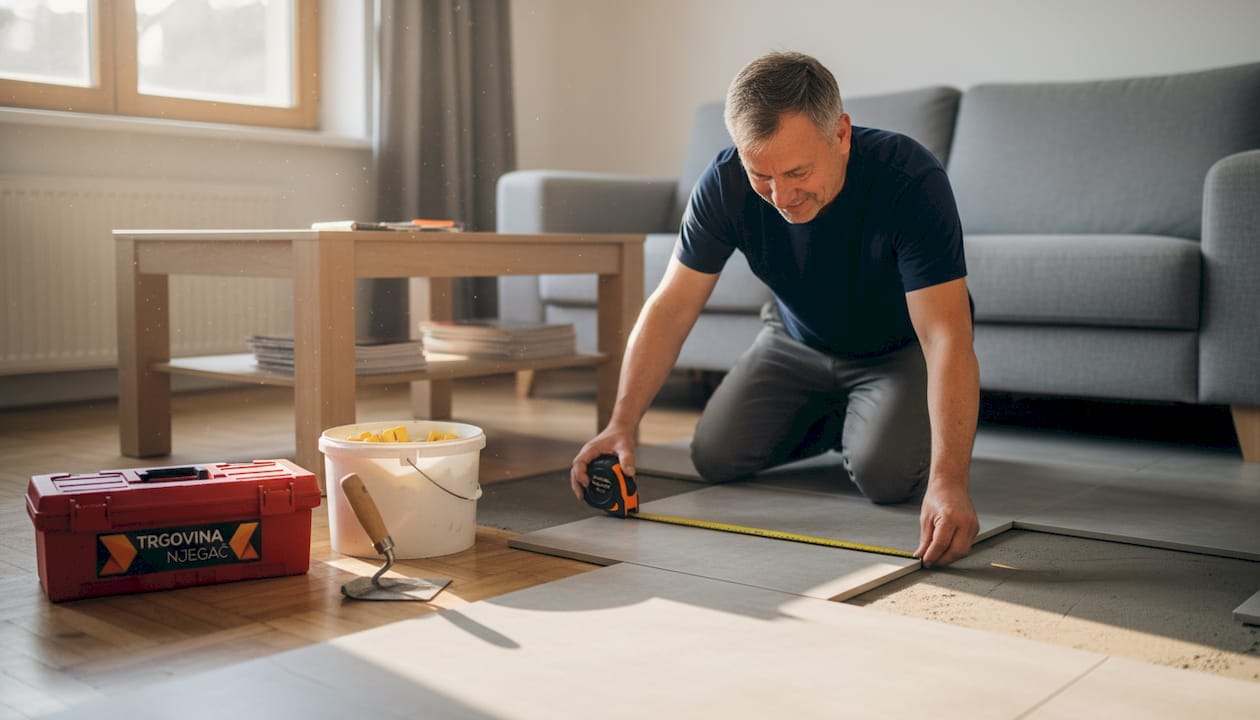 Moški polaga keramične ploščice v dnevni sobi.