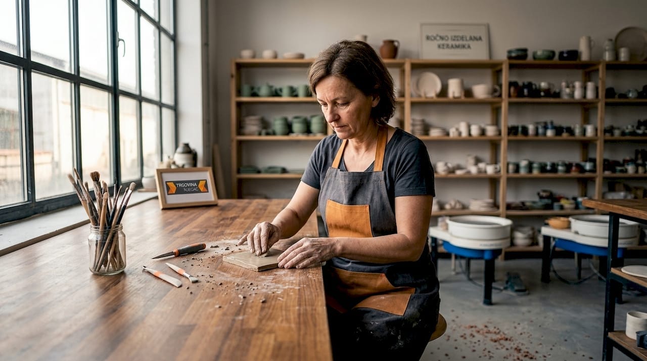 V svojem ateljeju lončarka ustvarja unikatne keramične ploščice.