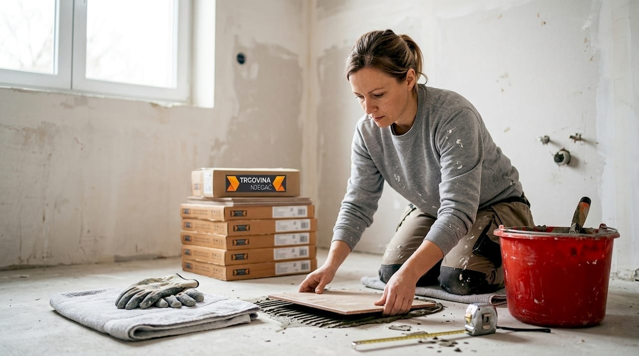 Ženska polaga keramične ploščice v kopalnici.