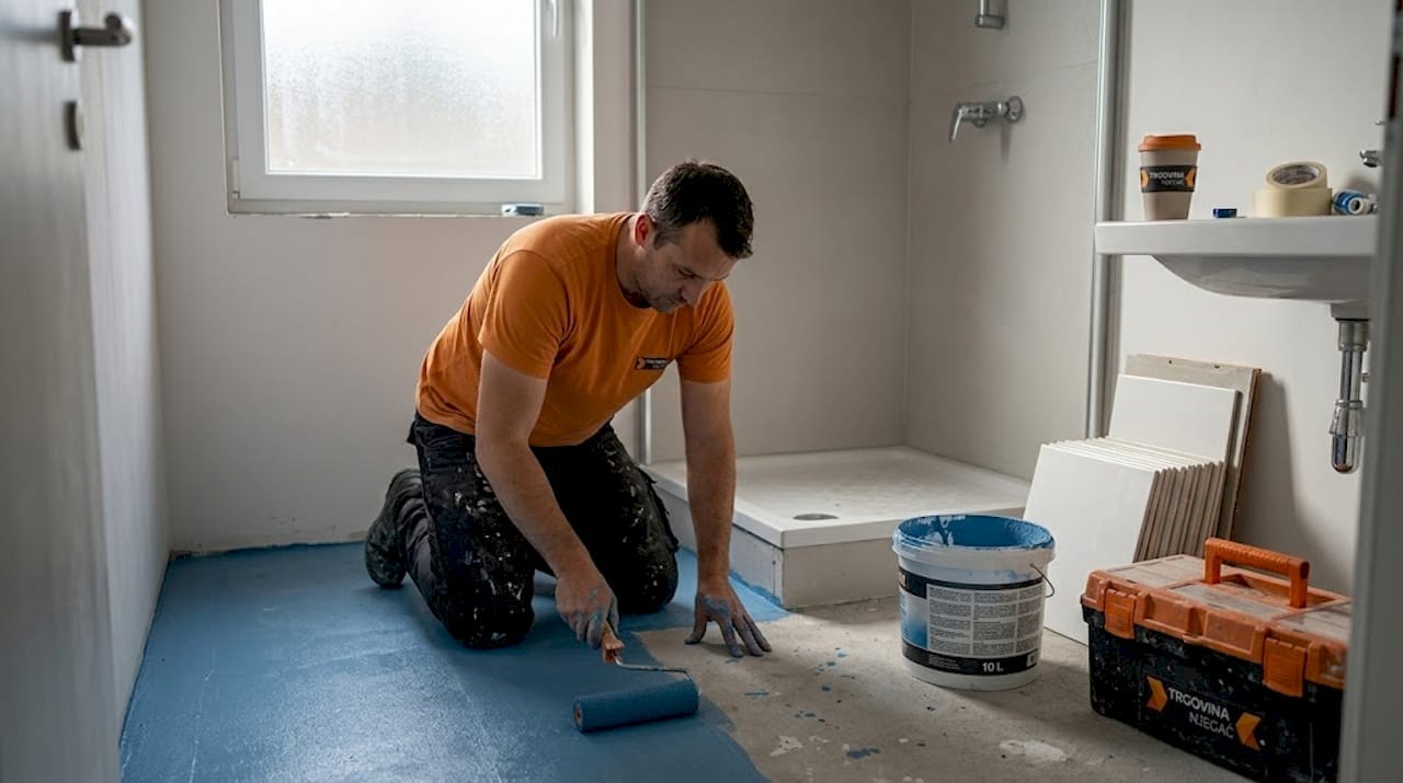 Keramičar v kopalnici nanaša hidroizolacijo, da zaščiti površine pred vlago.