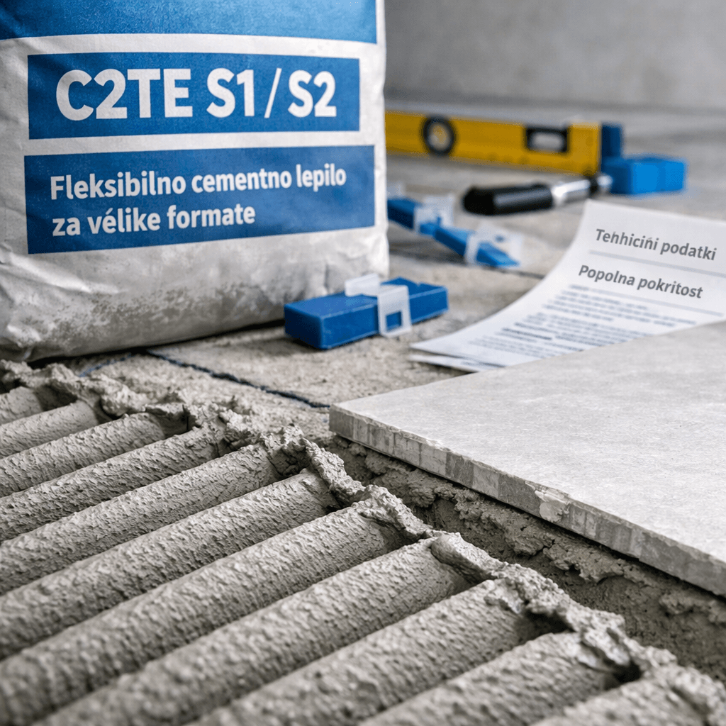 Lepilo za keramične ploščice C2TE S1/S2, nazobčano po estrihu ob veliki porcelanasti plošči.