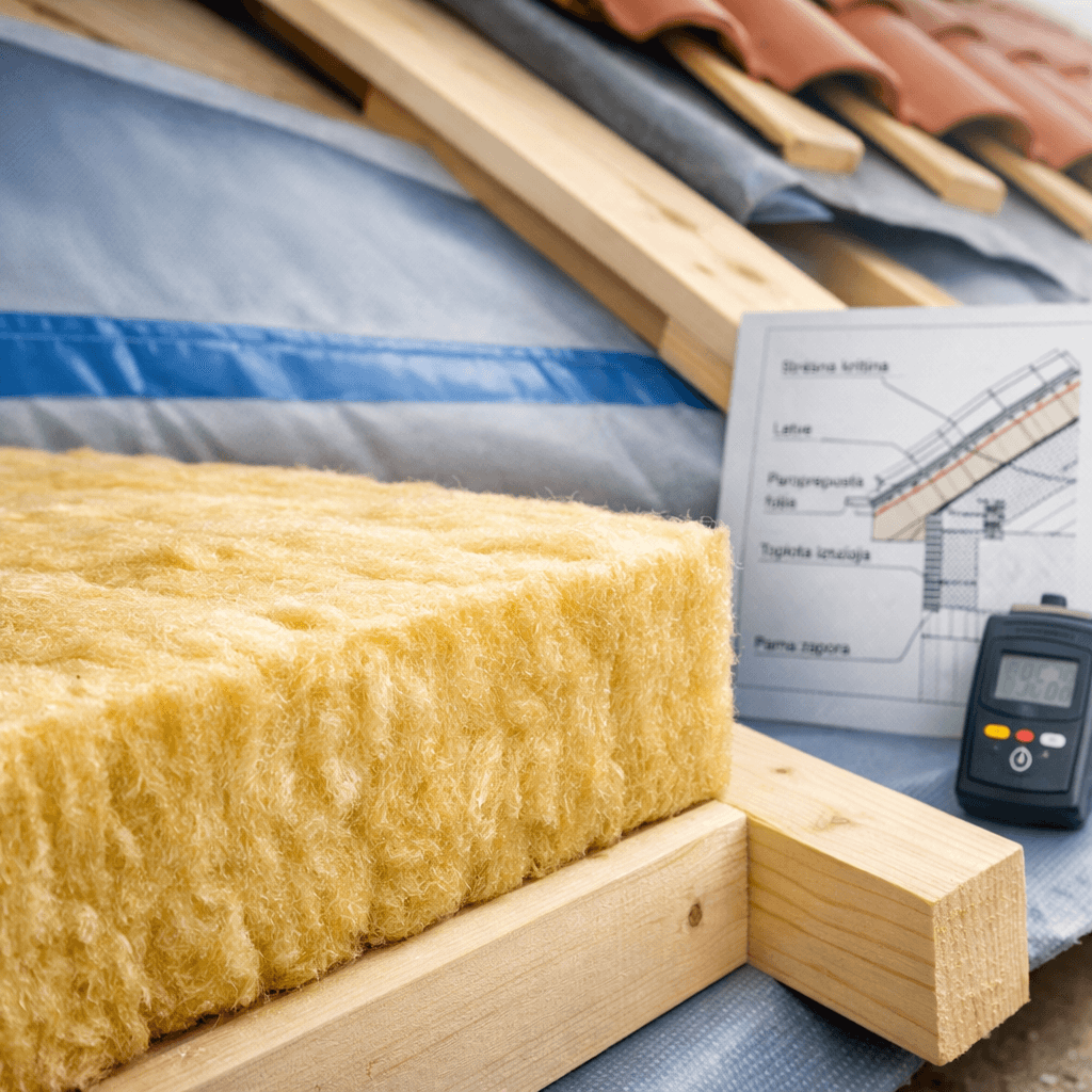 knauf insulation med špirovci, dodatna plast in parna ovira v natančno izvedenem strešnem sklopu.