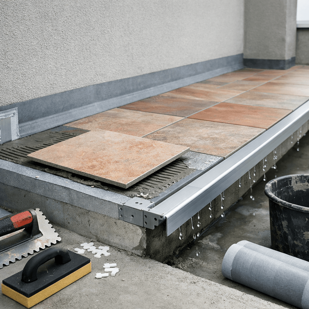 Balkon v prenovi z naklonom, hidroizolacijo, ploščicami in odkapnim profilom za balkon; orodje in kapljice vode so vidni.