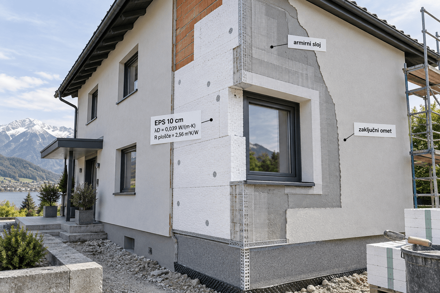 Prenovljena slovenska hiša z razkritim fasadnim sistemom eps stiropor 10 cm, armirnim slojem in zaključnim ometom.