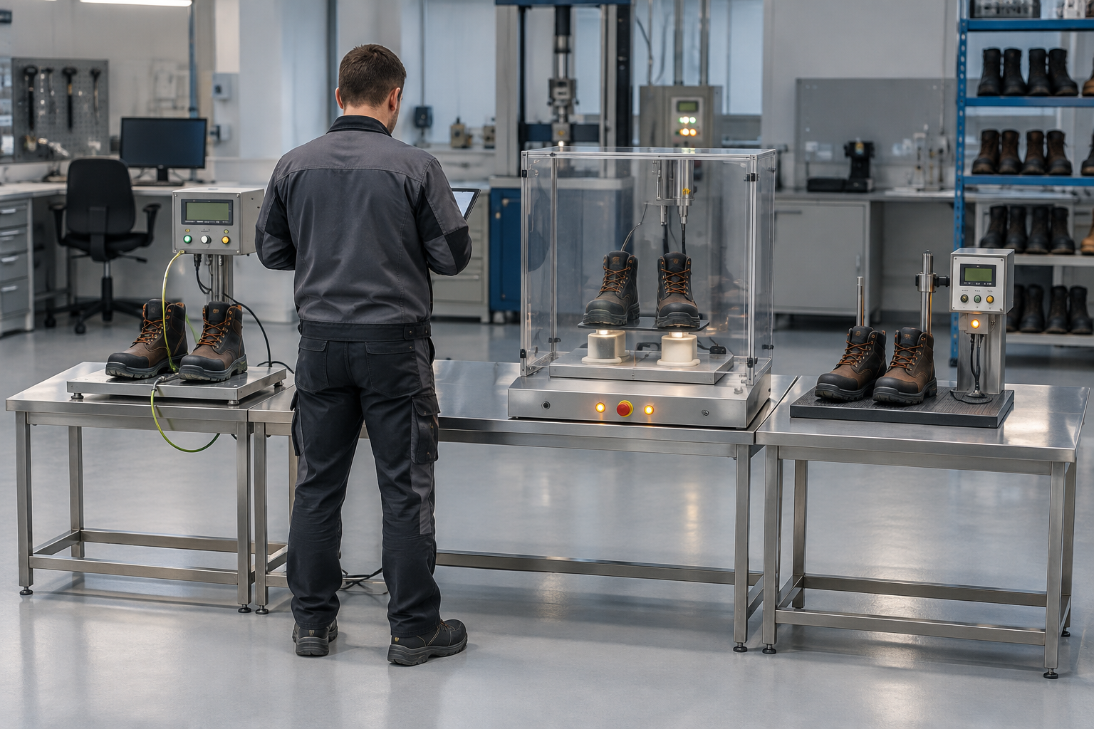 Delovna obutev na treh ločenih testnih postajah v laboratoriju; tehnik primerja meritve električne izolacije in statične prevodnosti.