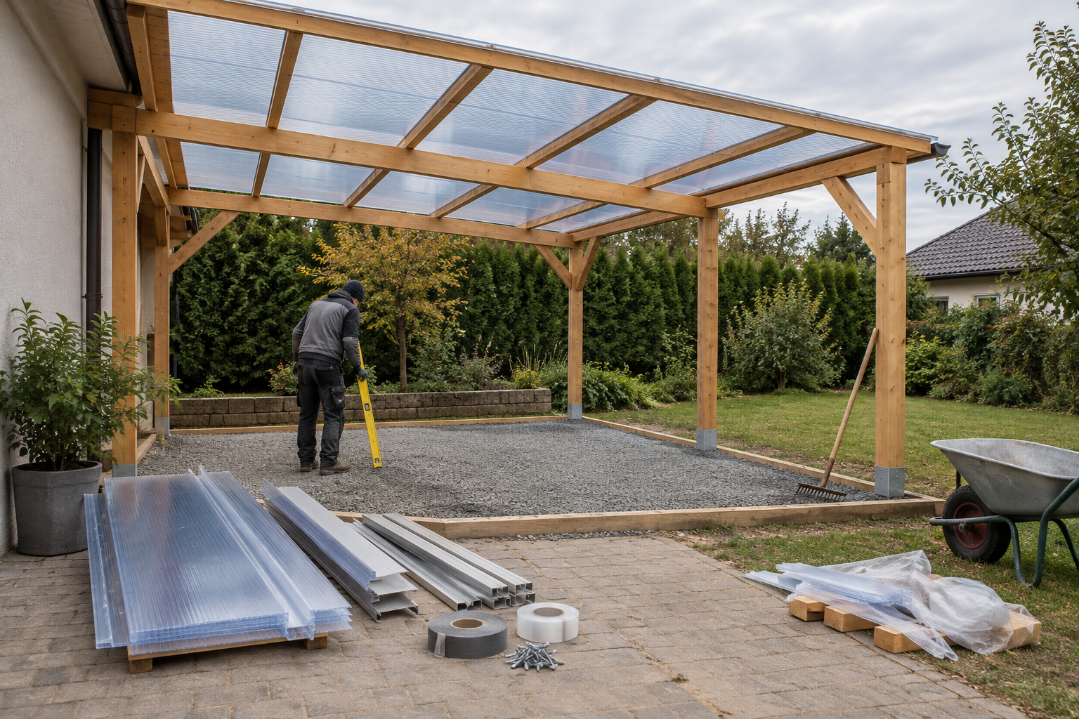 Carport z lesenim ogrodjem in polikarbonatnimi ploščami; ob urejenem gramoznem temelju so zloženi materiali in odrezki.