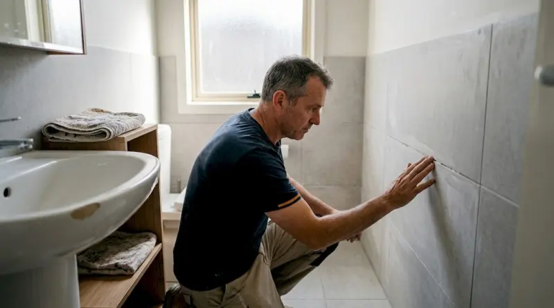 Lastnik hiše si ogleduje novo položene keramične ploščice in preverja, ali je delo opravljeno kakovostno.