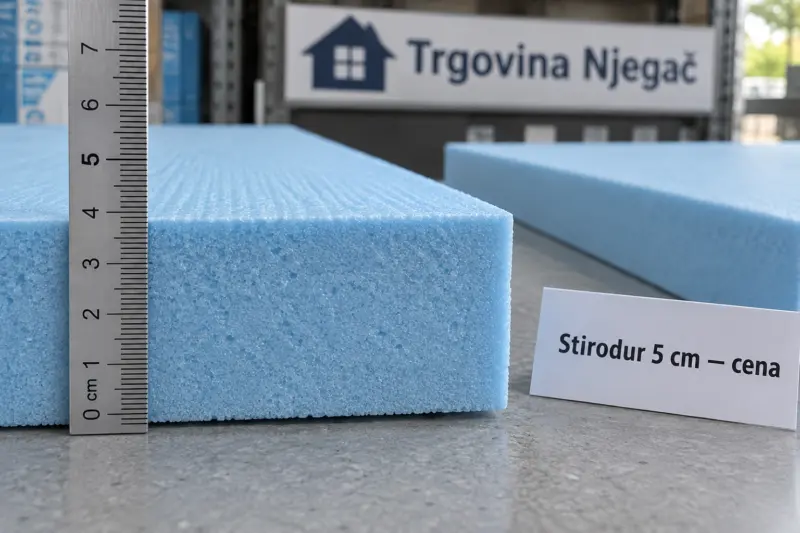 Modra plou0161u010da XPS debeline 5 cm ob metriu010dnem ravnilu in listku z napisom u00bbStirodur 5 cm u2014 cenau00ab.