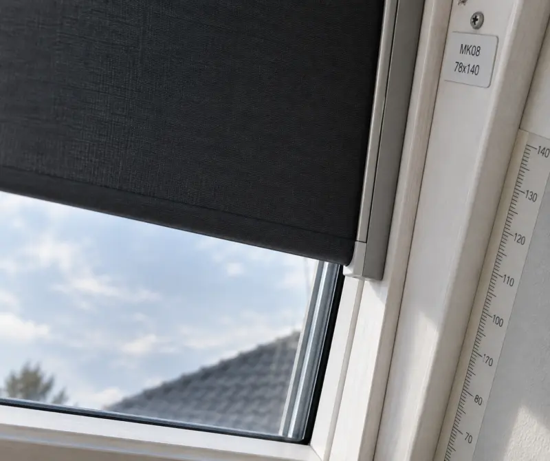 Nagnjeno streu0161no okno z napol spuu0161u010denim antracitnim VELUX senu010dilom za zatemnitev, vodilom in merilno skalo; spodaj se vidi modrikasto nebo. velux senu010dila
