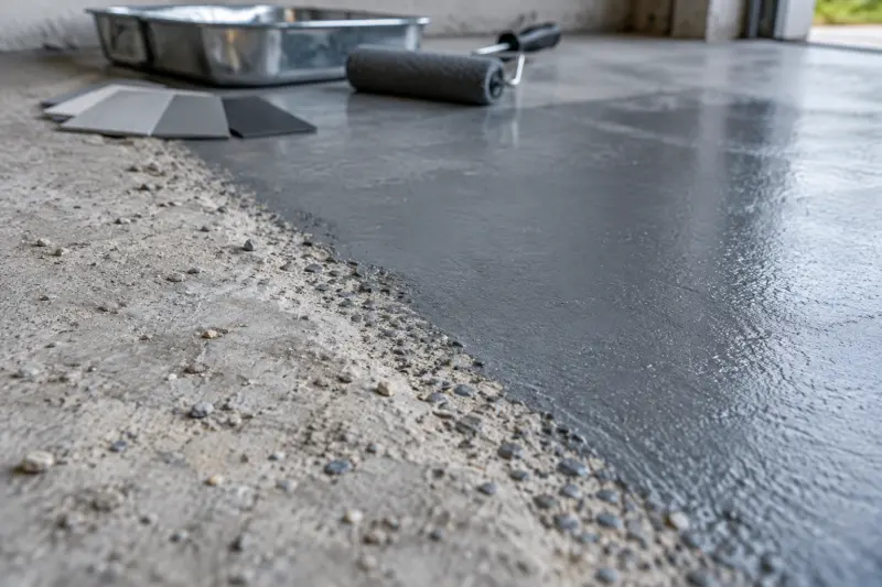 Ostra meja med prau0161nim betonom in gladkim temno sivim premazom; v ozadju valju010dek, pladenj in vzorci barva za beton.
